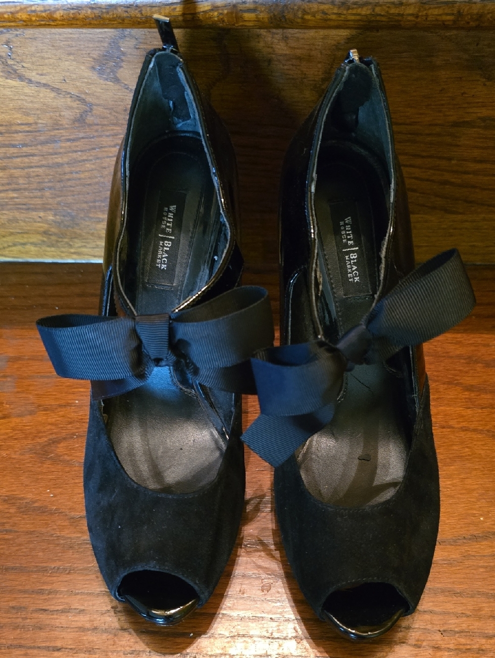 White House Black Market Black Suede Peep-Toe Heels with Grosgrain Bow